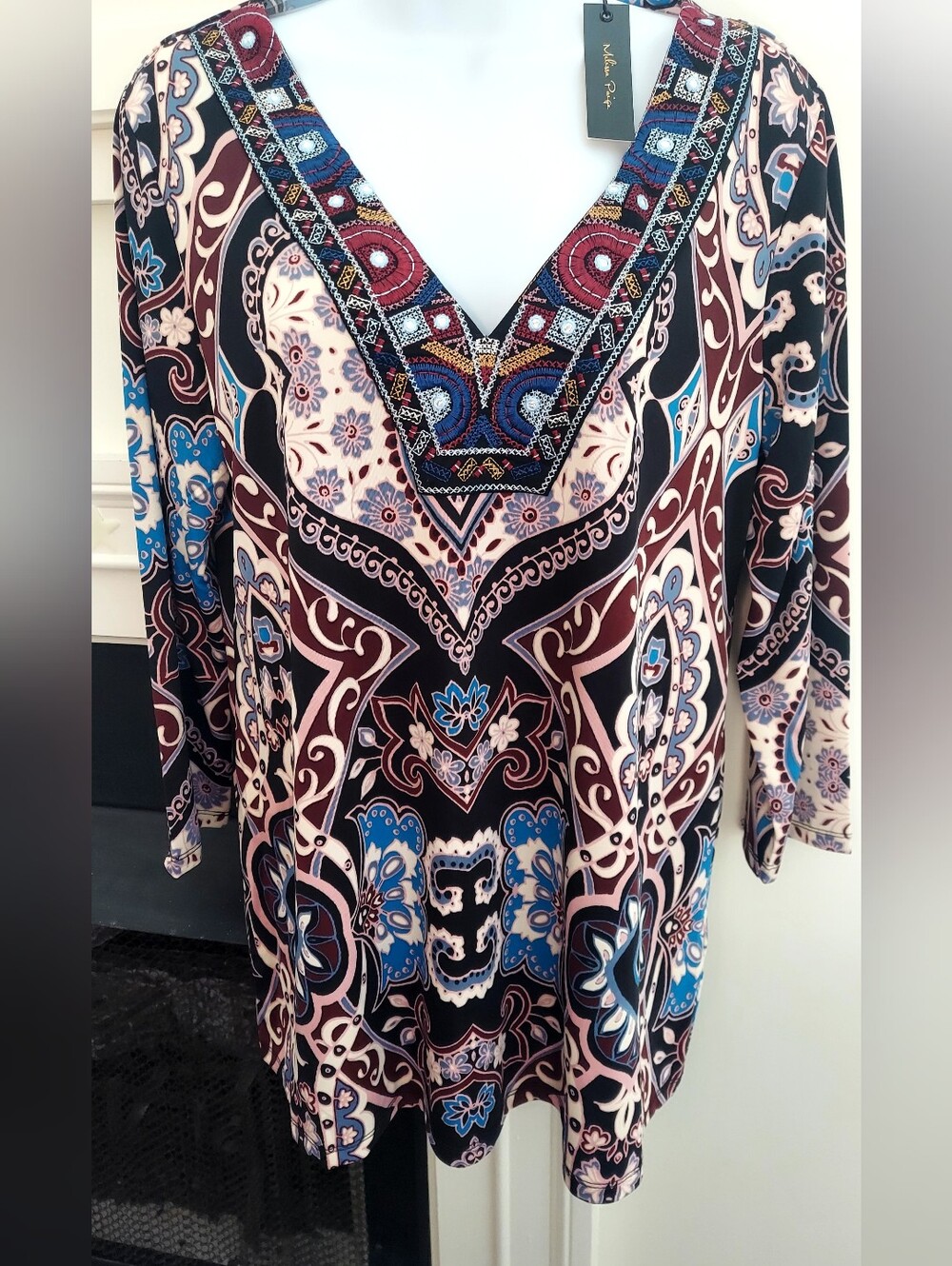 Embellished V-Neck Paisley Tunic Top - Blue & Burgundy